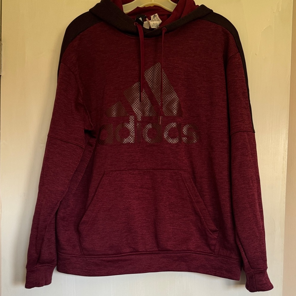 Adidas men’s pullover hoodie burgundy/maroon tonal Adidas logo kangaroo pocket.